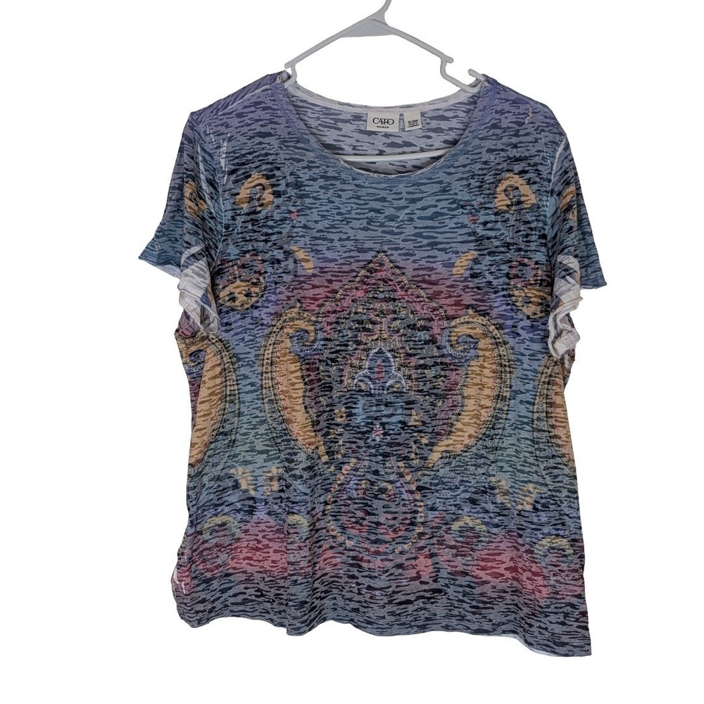 Cato Woman Top‎ Womens 18/20W Blue Pink Paisley Burnout Short Sleeve Crew Neck